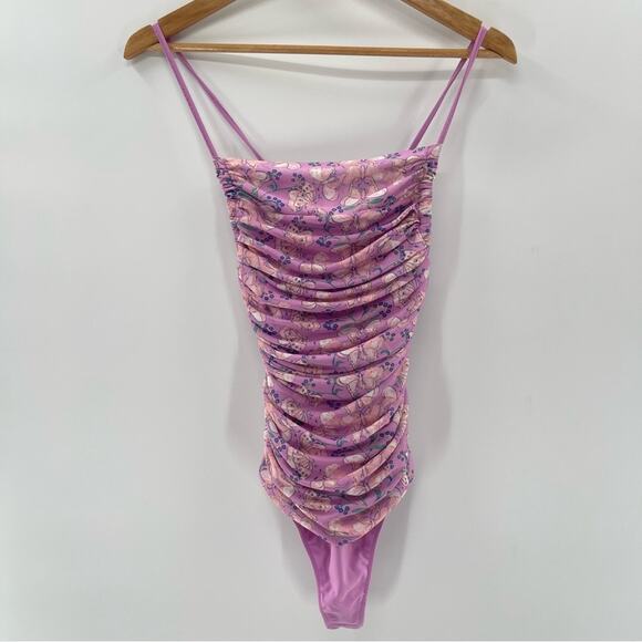 Free People Romantic Milkshake Mesh Butterfly Ruched Fairy Lace Up Boho Bodysuit - Picture 2 of 16